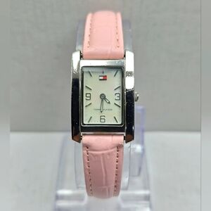 Womens Tommy Hilfiger Tank Silver Tone Pink Band Watch F80130 New Battery
